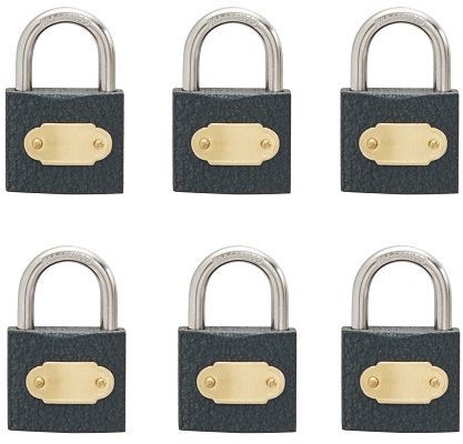 Padlock iron 50mm six pack security plus grey epoxy coated keyed alike & 2 keys.