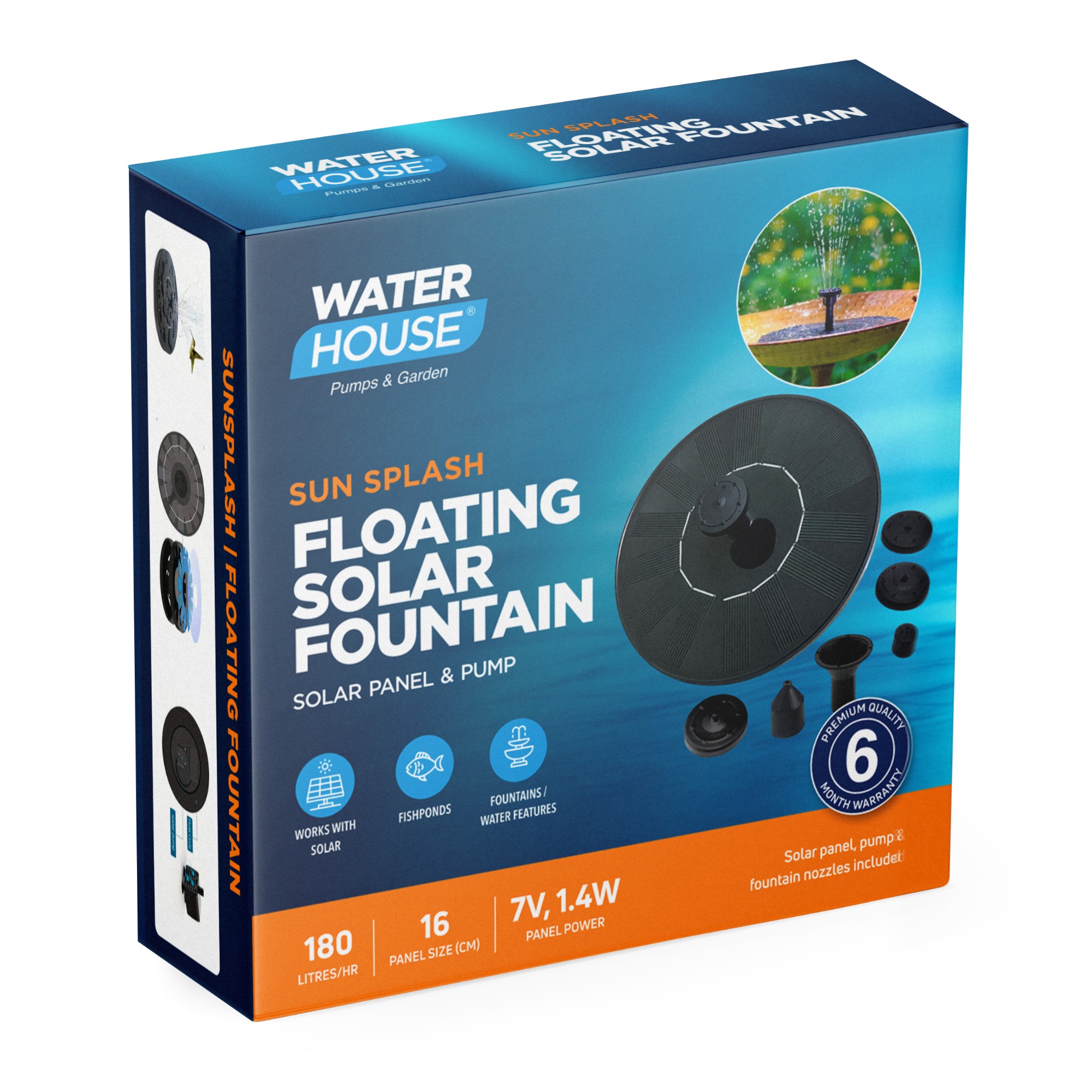 Floating 7V, 1.4W solar fountain pump ideal for small ponds and water features, adding ambience while providing a bird-friendly water source for drinking and bathing. Powered entirely by sunlight with no batteries, cabling or operating costs required. Feat