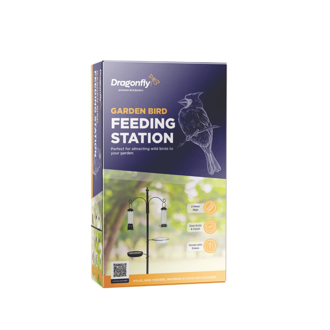 Waterhouse Bird Feeder Station Stand is a sturdy black metal feeding station designed to create a complete bird-friendly area in your garden without needing a tree. Standing approximately 2m tall, it features 5 hanging points, including 3 hooks for bird fe