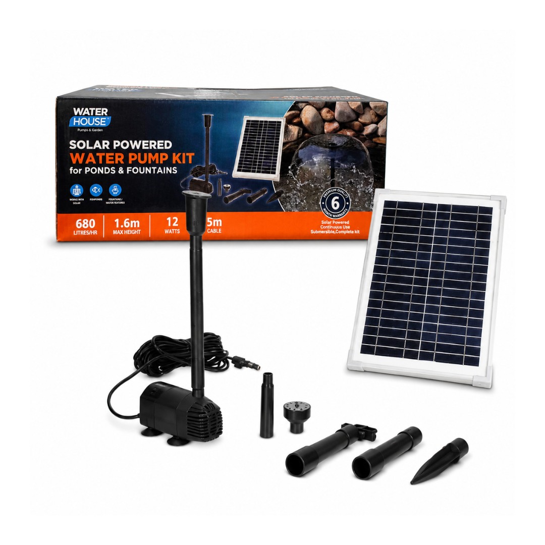 Solar Pond Pump 680 L/h ideal for small fountains, garden statuettes, water features and aeration in small ponds, especially where mains power is unavailable. Powered by a 12W solar panel, it operates at 18V DC with a 5.3W pump, adjustable flow, maximum flow rate of 680 litres per hour and a maximum water lift height of 1.6 metres.