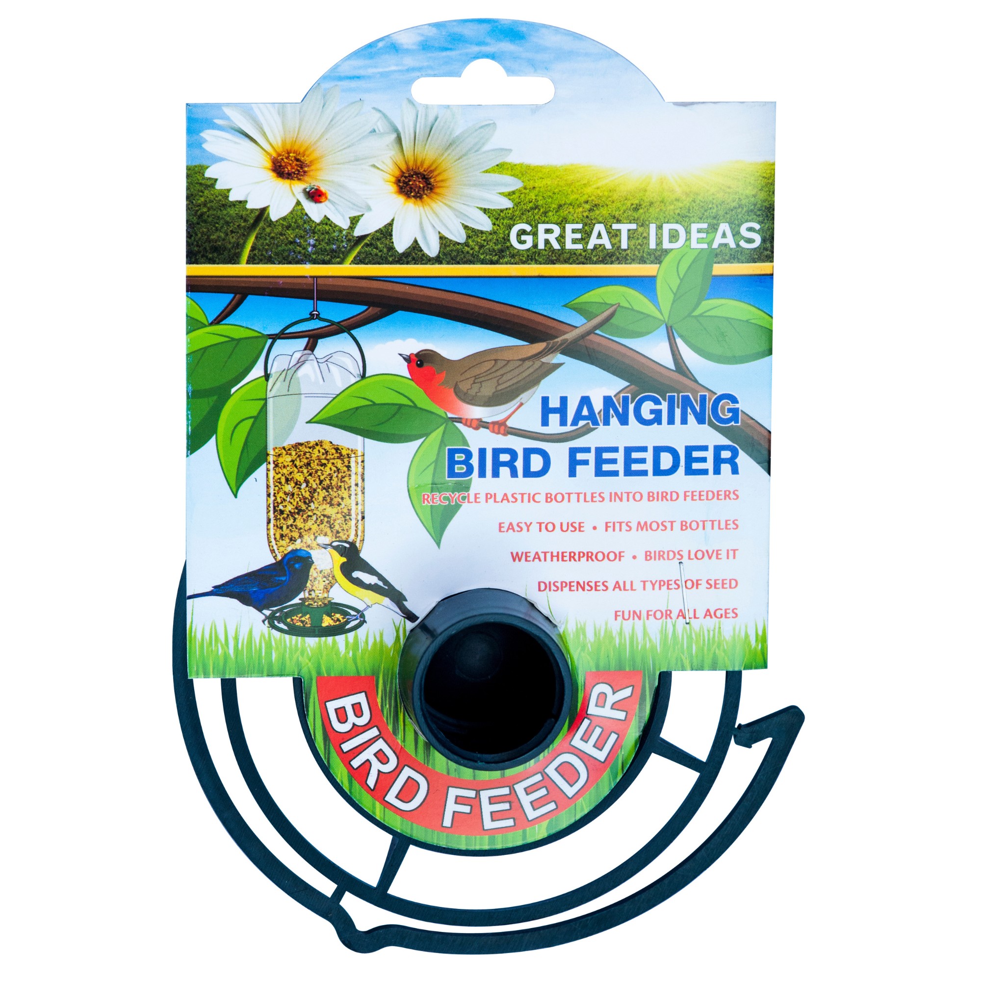 Eco-friendly bird feeder attachment designed to turn a standard 2L bottle into a practical hanging feeder for garden birds. Made from recycled PVC, it offers an affordable and sustainable way to reuse empty bottles while attracting birds to your garden. Ea