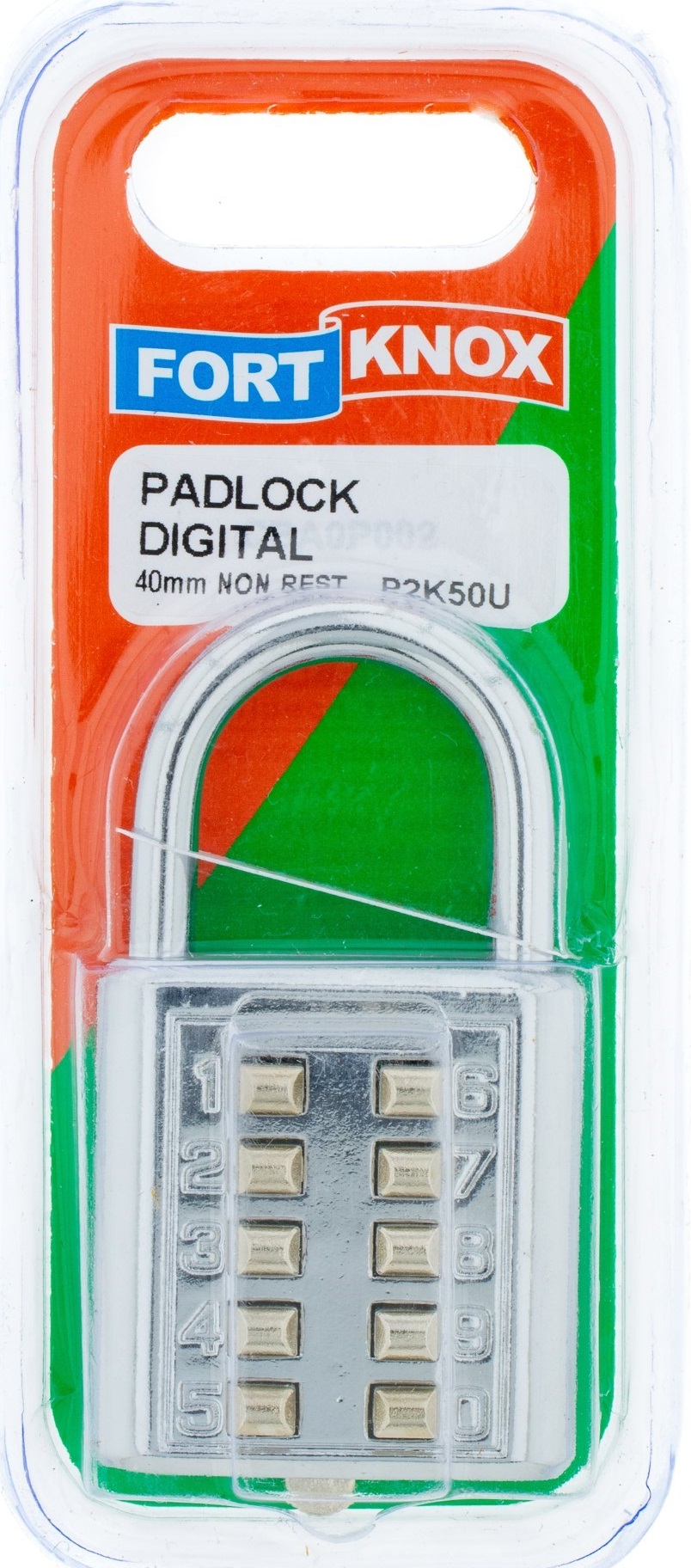 Digital combination padlock with buttons.