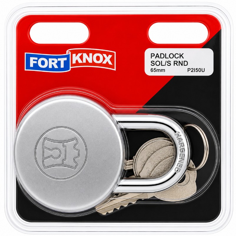 Padlock Fort Knox Steel Round 65mm, works well outdoors.