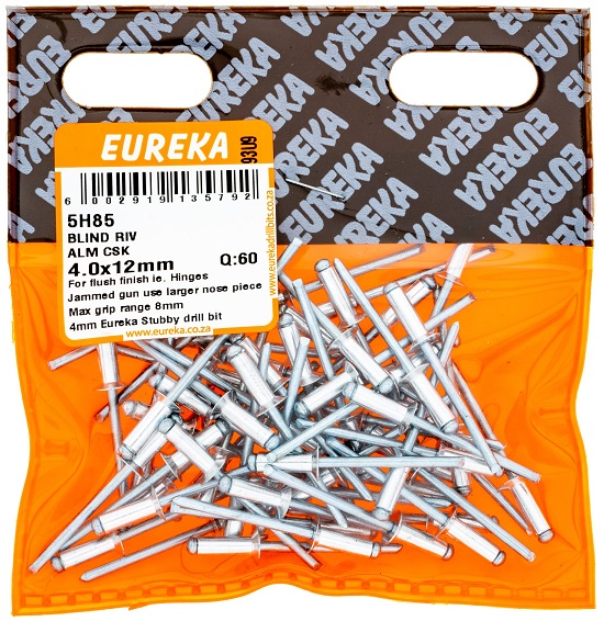 Pop Rivets Eureka Aliminium Countersunk 4.0mmx12mm QTY60