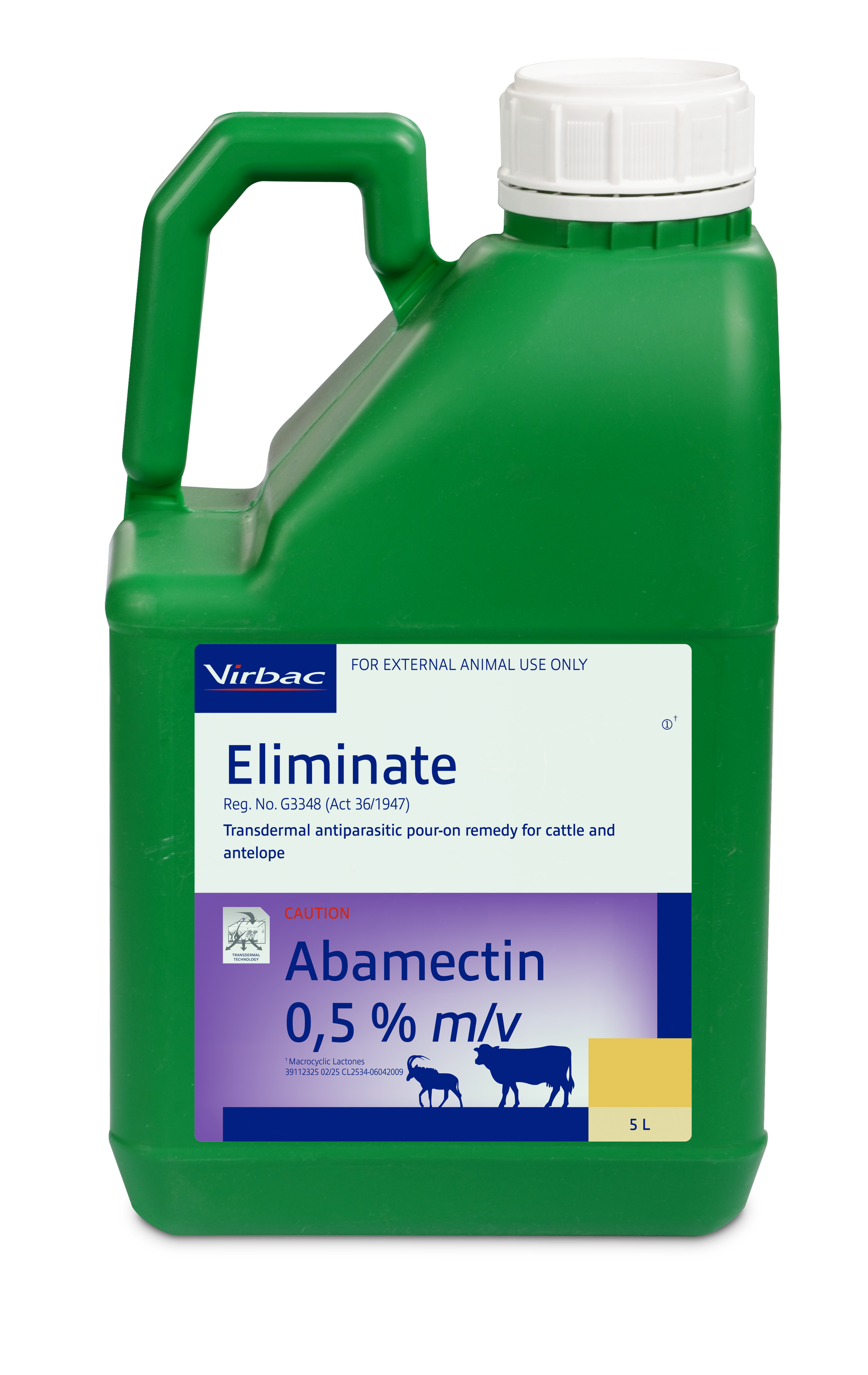 Transdermal pour-on that controls Internal and External parasites in Cattle and Antelope. COMPOSITION : Abamectin 0,5% m/v. COMPOSITION : Abamectin 0,5% m/v. The dosage is 1ml per 10kg body mass. Transdermal technology.