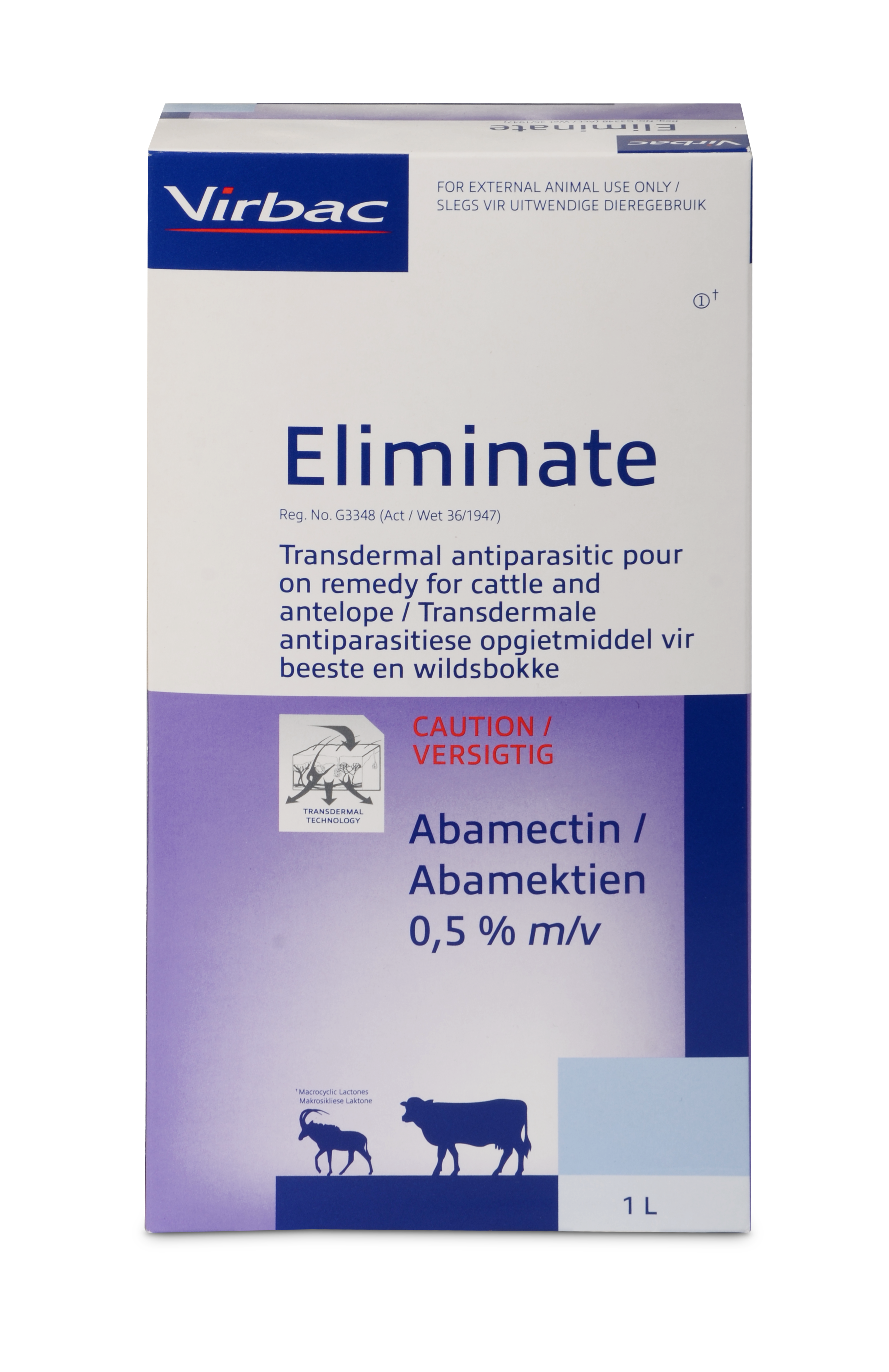 Transdermal pour-on that controls Internal and External parasites in Cattle and Antelope. COMPOSITION : Abamectin 0,5% m/v. COMPOSITION : Abamectin 0,5% m/v. The dosage is 1ml per 10kg body mass. Transdermal technology.