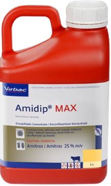 Emulsifiable concentrate that controls ticks, kills lice and mange mites on cattle.