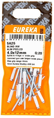 Pop Rivets Eureka Aliminium Peeled 4.0mmx12mm QTY20