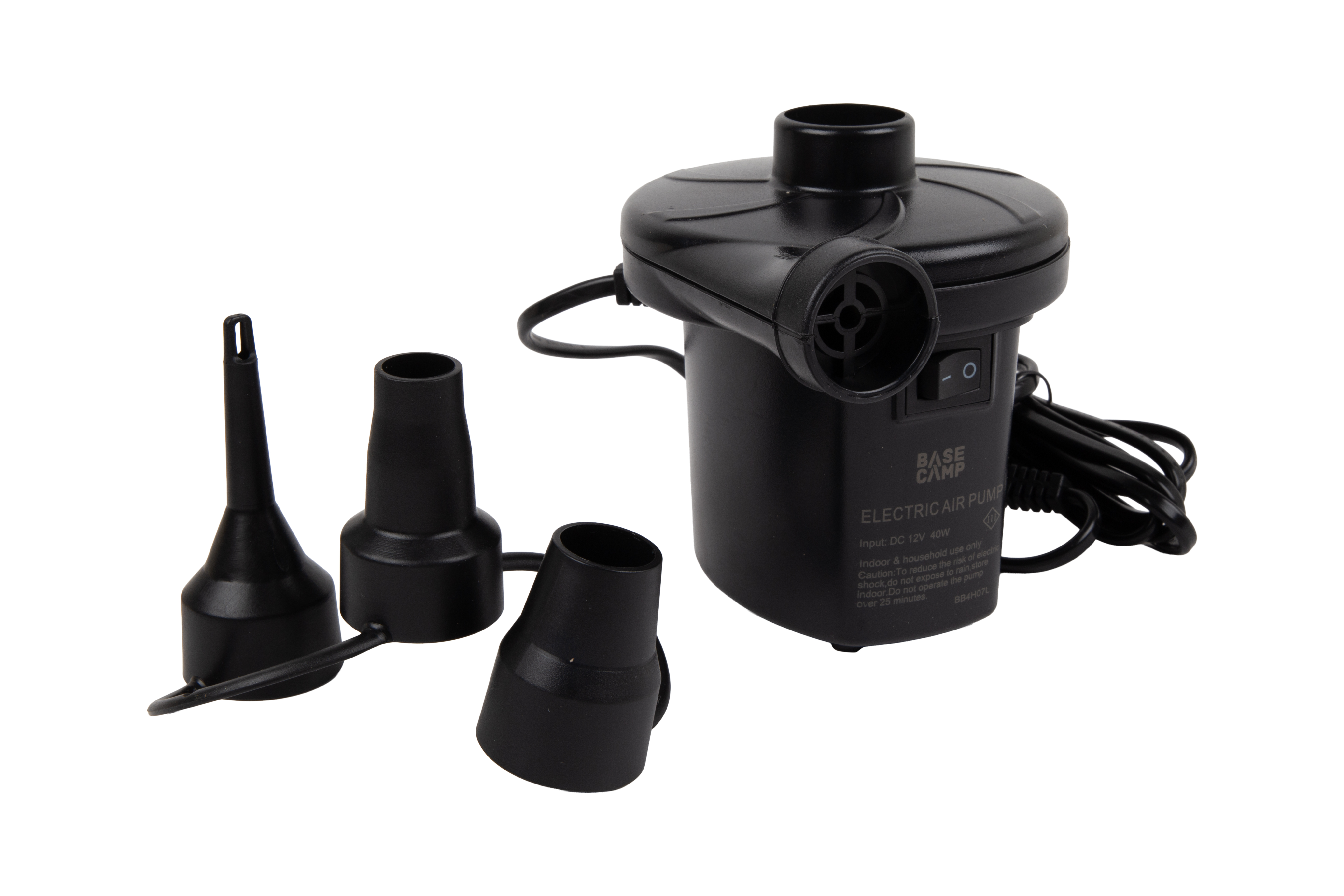The BASECAMP DC Electric Air Pump is an essential tool for outdoor enthusiasts and travellers, providing a quick and efficient solution for inflating various items. Designed with convenience in mind, this air pump is perfect for inflating air mattresses, inflatable boats, pool toys, and other inflatables, making it an ideal companion for camping trips, beach outings and other outdoor adventures.** FEATURES AND BENEFITS: Easy Charging: Simply charge using your 12V DC car lighter. Fast Inflation/Deflation: Quickly inflates and deflates your items. Versatile Fit: Includes 3 nozzles to fit most standard valves. PRODUCT SPECIFICATIONS: Material: ABS shell. Pressure: 3500pa-4500pa, 260L/mm, Power Supply: DC 12V. Warranty: One year. WARNINGS: Do not use the pump in the rain to avoid electric shock. Keep out of reach of children. Do not use the pump for more than 25 minutes at a time. Never look into or point at your eyes when the pump is operating.