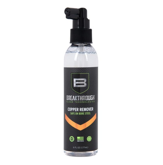 The Breakthrough Clean Technologies� Copper Remover safely and effectively removes copper fouling and is 100% petroleum and ammonia free. It�s virtually odorless and biodegradable formula easily removes copper fouling and minimizes future copper build up without giving off any harmful or strong offensive odors found in other copper removers. Usable on all types of bore steel and won�t etch or harm the barrel.
