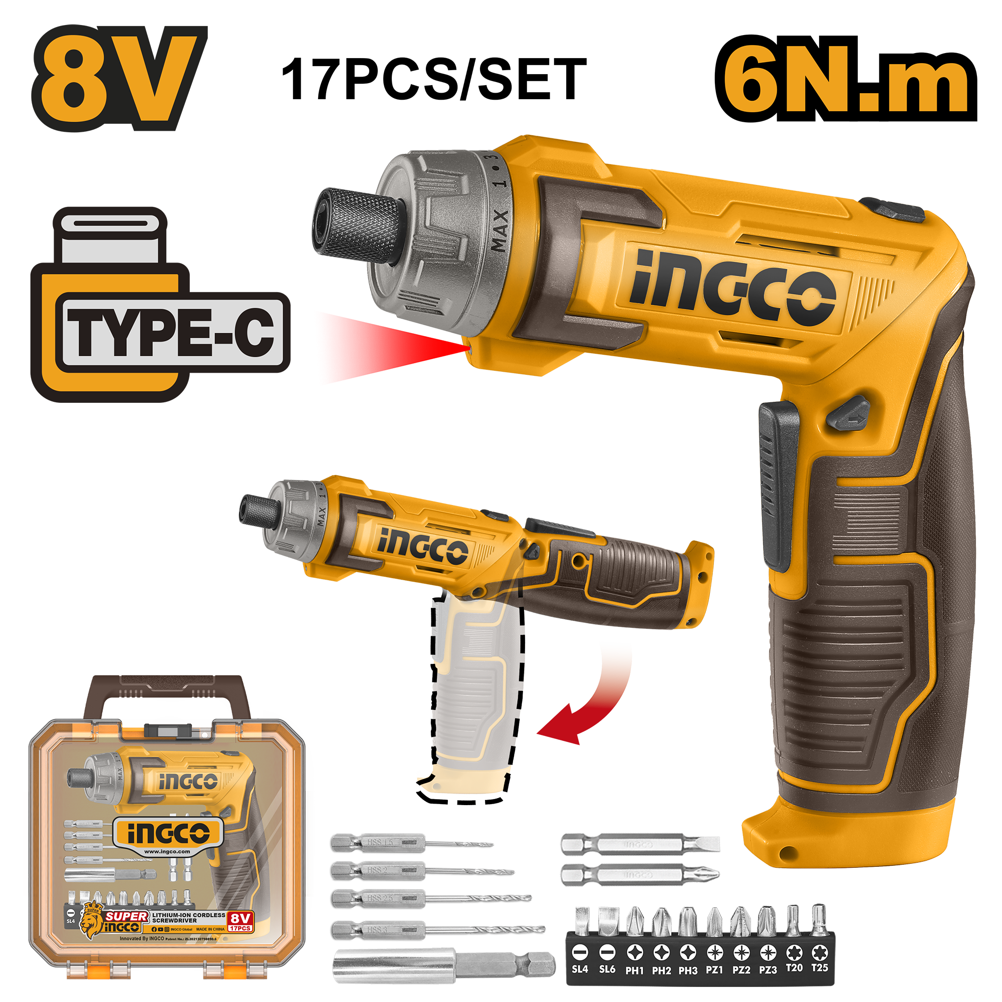 Voltage: 8V. Hex shank: 6.35 mm (1/4"). No-load speed: 220 rpm. Max torque: 6 Nm. Torque settings: 15 + 1. Two-position adjustable handle. Charging via USB Type-C cable (cable sold separately). Integrated LED work light. Includes: 10 x 25 mm Cr-V bits with holder (SL4, SL6, PH1, PH2, PH3, PZ1, PZ2, PZ3, T20, T25), 1 x 60 mm connector, 4 x HSS hex shank drill bits (2.0, 2.5, 3.0, 4.0 mm), 1 x Cr-V PH2 bit, and 1 x Cr-V 6 bit. Packed by plastic box.