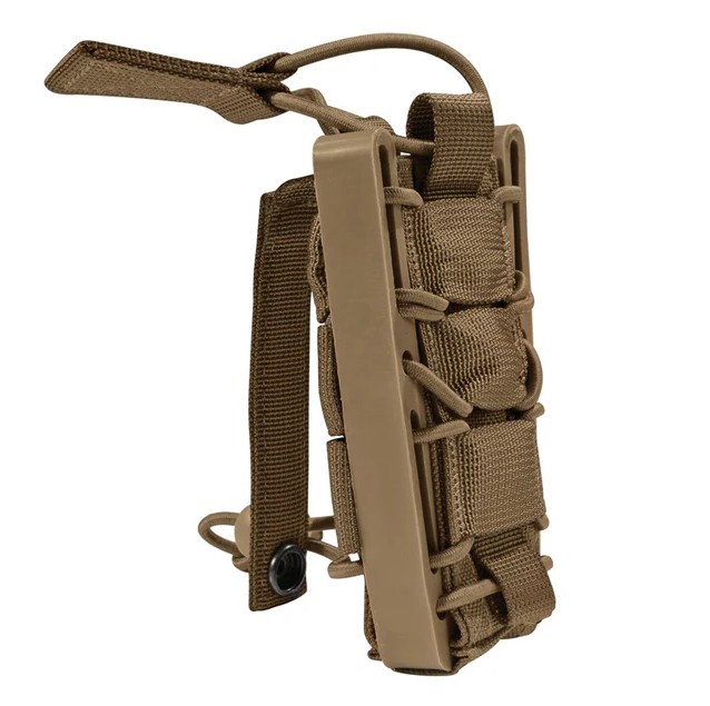 The item is constructed from durable 1000D nylon and features three-ply nylon thread stitching for added strength. It offers adjustable retention and can be customized to hold multi-tools, flashlights, and other accessories. The color is Coyote Brown, and it is designed to be hung and sold in its packaging.