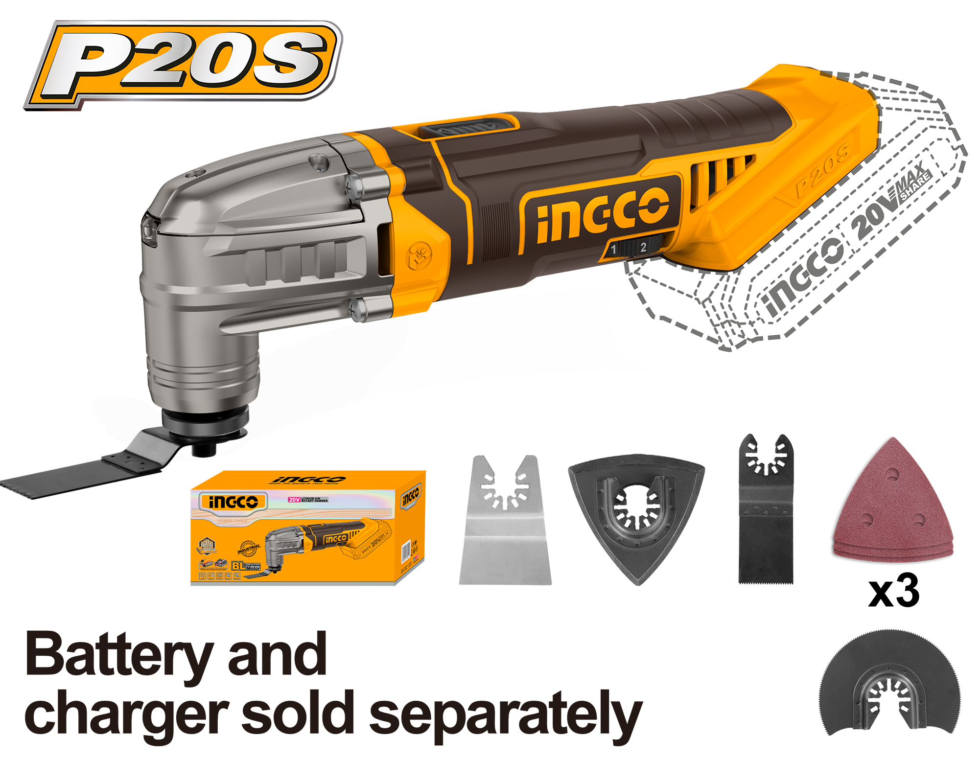 Voltage: 20V. No-load speed: 5 000 - 20 000 rpm. Oscillation angle: 3.2�. 6-speed adjustment. Battery and charger sold separately. Includes: 1 x flexible scraper, 1 x cutting saw blade, 1 x segment saw blade, 1 x hex key, 1 x sanding base, and 3 sanding papers. Packed by colour box.