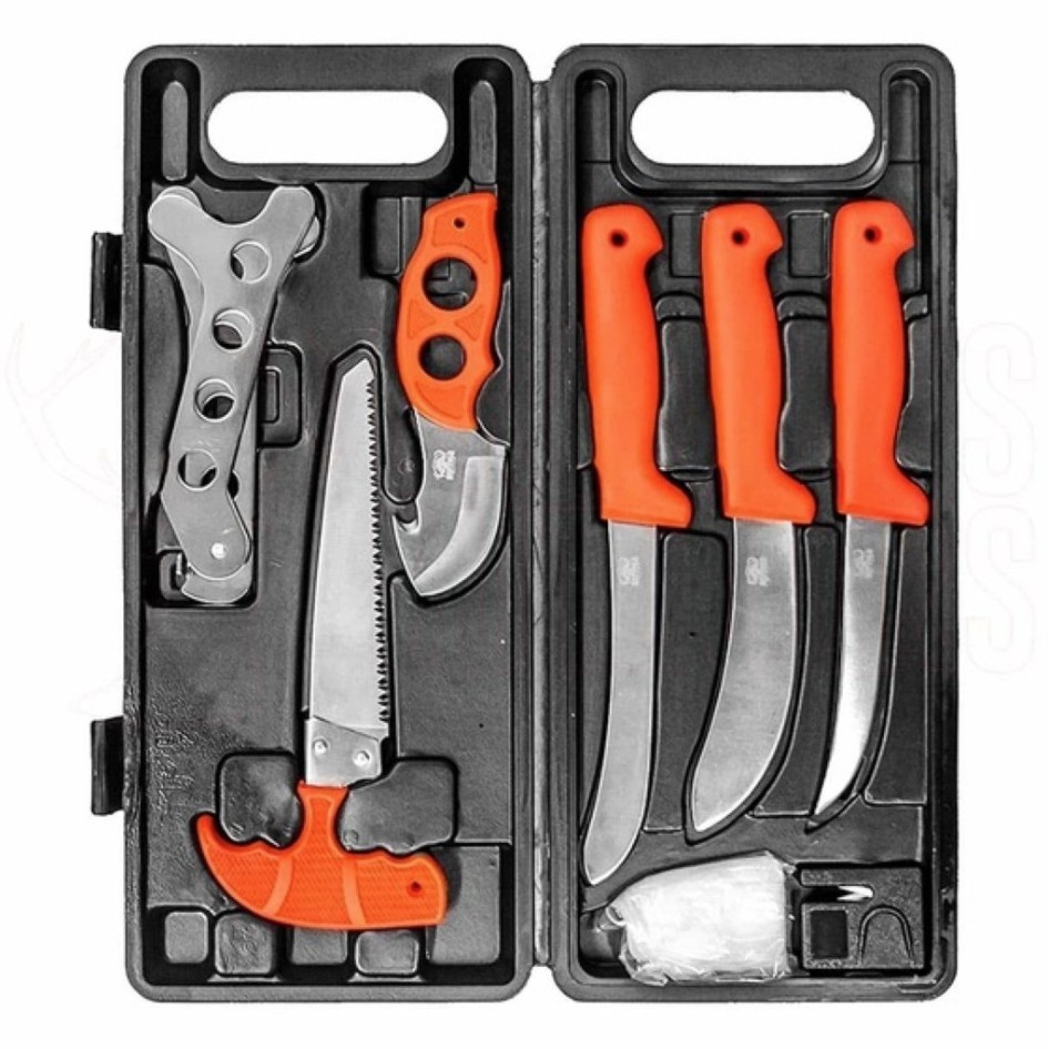 This lightweight 9-piece game processing set is a practical and convenient kit designed to make field dressing and butchering easier. It features ergonomic, non-slip rubberized blaze-orange handles with a horn-pattern inlay for improved grip and visibility, helping ensure the tools are easy to find and secure to use. The set includes all the essential tools needed for processing game and comes neatly packed in a durable hard carry case for easy storage and transport.