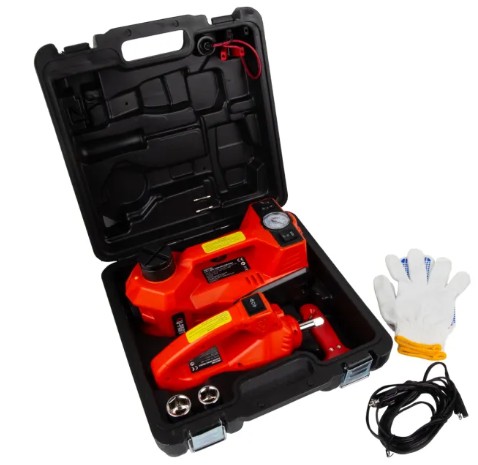 The 5-ton 12V Electric Hydraulic Car Jack with LED and Safety Hammer is a reliable, multifunctional tool designed for routine maintenance, roadside emergencies, and unexpected breakdowns. Suitable for sedans and SUVs under 5 tons, it connects easily to a 12V cigarette lighter or car battery for convenient use. The jack features a self-locking structure and anti-slip head for enhanced safety, along with an internal circuit breaker to prevent overload. With a powerful 150W motor and maximum lifting capacity of 5 tons, it makes tire changes and repairs quick and effortless. The built-in LED light ensures visibility in low-light conditions, while the safety hammer adds emergency preparedness. It includes a 3.5m power cord, operates within -25�C to 50�C, and comes as a complete floor jack set with an impact wrench.