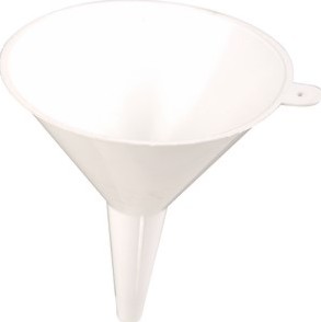 A 150mm white plastic funnel, essential for easily pouring liquids without spills into small openings.