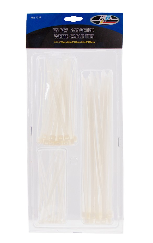 An extensive 75-piece set of assorted white cable ties, providing multiple lengths for all your organizing needs.