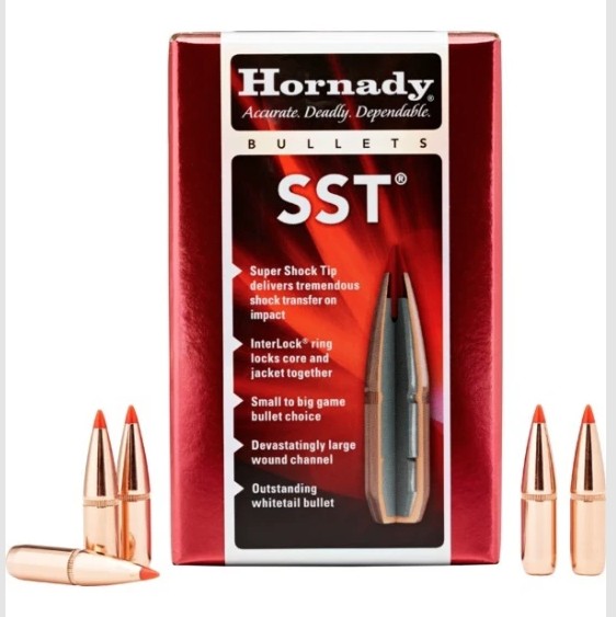 The Hornady��SST��(Super Shock Tip) is designed to deliver tremendous shock on impact while expanding quickly and reliably, particularly at higher velocities. Flat shooting and deadly accurate, it's an ideal bullet for whitetails, as well as most North American game animals from antelope to moose and similar-sized African plains game. The SST��creates a devastatingly large wound channel.