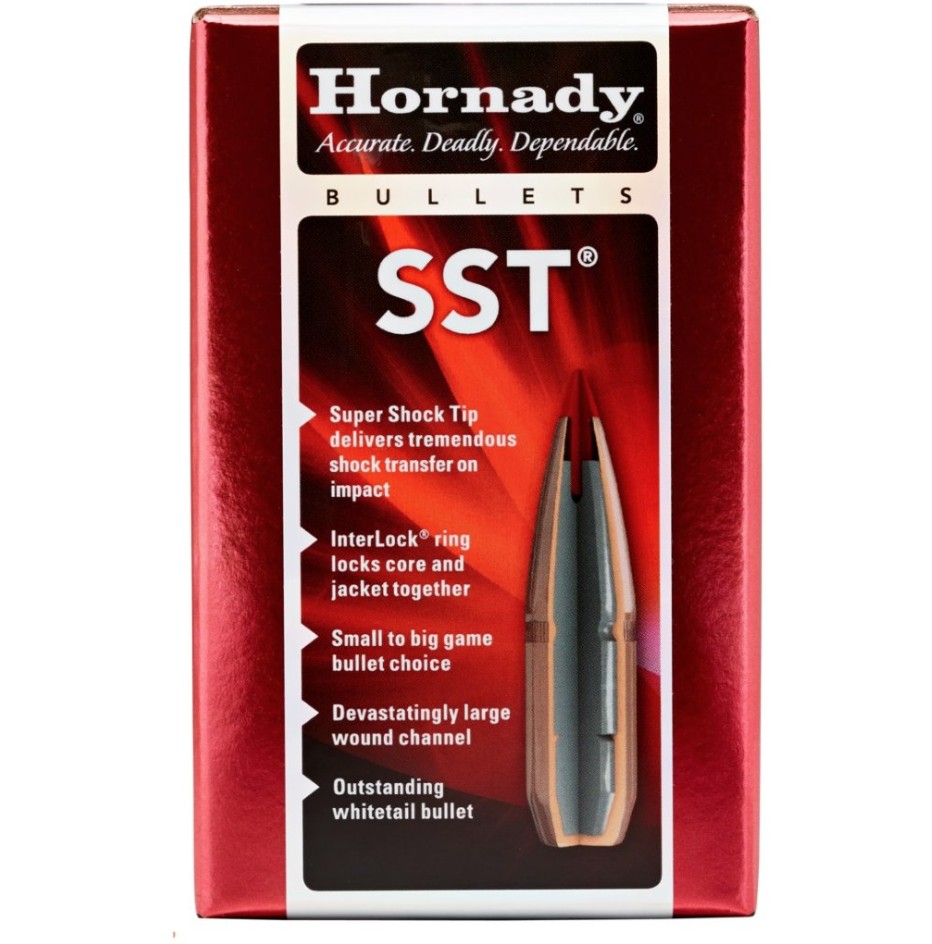 The Hornady Super Shock Tip (SST) bullets are engineered to deliver reliable hunting performance by combining proven Hornady design with a higher ballistic coefficient than many conventional hunting bullets. Featuring a sharp polymer tip, they provide faster, flatter trajectories for improved downrange accuracy. Their one-piece core and specially strengthened jacket promote controlled expansion and enhanced weight retention on impact. Additionally, Hornady�s InterLock ring system helps keep the core and jacket securely locked together during expansion, producing effective energy transfer and large wound channels. These are components only and not loaded ammunition. They are manufactured in the United States of America.