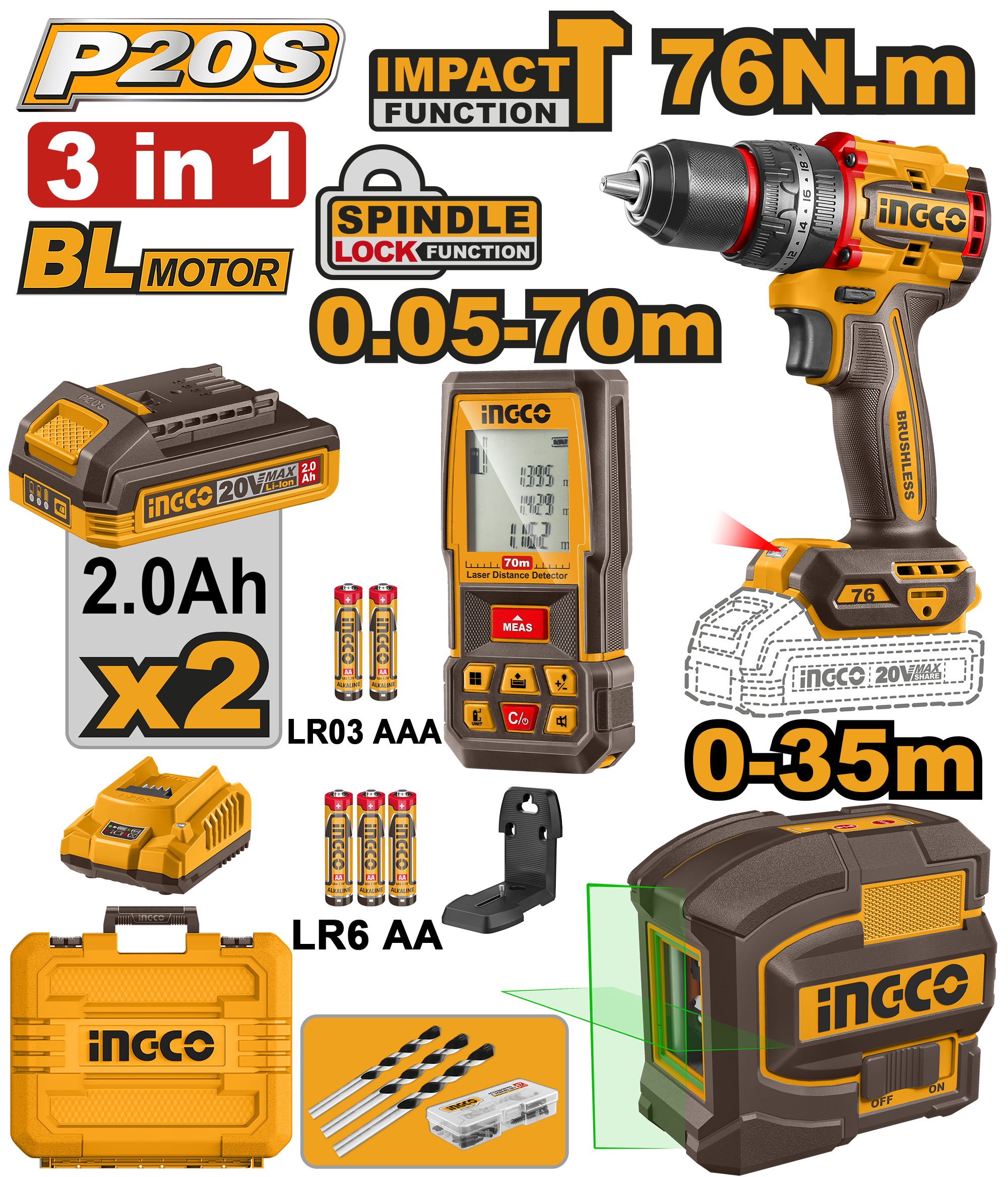 Limited Stock Available, first come first serve. 1 pc Compact Brushless Cordless Impact Drill (CIDLI207681), 1 pc Self-Levelling Line Laser (HLL156601), and 1 pc Laser Distance Detector (HLDD0708). Drill features a brushless motor, 20V voltage, no-load speed of 0 - 500 / 0 - 2 000 rpm, max impact rate of 30 000 bpm, max torque of 76 Nm, 13 mm metal chuck, 22 + 1 + 1 torque settings, mechanical 2-speed gear, spindle lock, integrated LED work light, and battery power indicator. Laser level features a 0 - 35 m working range, �1.5 mm accuracy at 7 m, self-levelling angle <4�, levelling time <3 s, and 520 nm Class II laser. Distance detector supports single, continuous, indirect, area, volume, and Pythagorean measurements. Includes 2 x 2.0Ah batteries (FBLI20011), charger (FCLI2001), 47 accessories, 3 masonry drill bits, AAA batteries, magnetic bracket, and carrying case. Packed by carrying case.