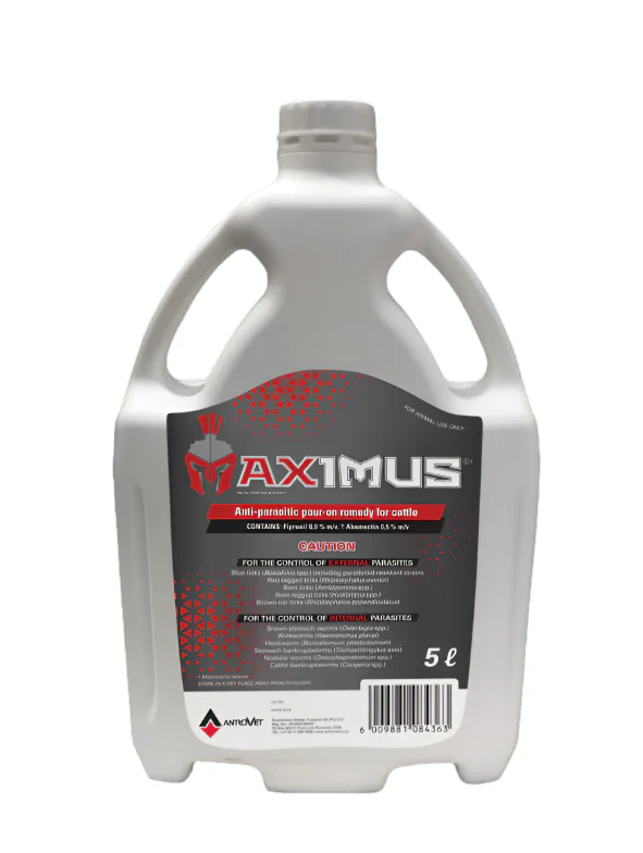 Maximus is a ready-to-use pour-on antiparasitic for cattle. Maximus is registered as an antiparasitic with residual action against blue ticks and multi-host ticks including pyrethroid resistant blue ticks. It is also indicated for broad spectrum roundworm control.