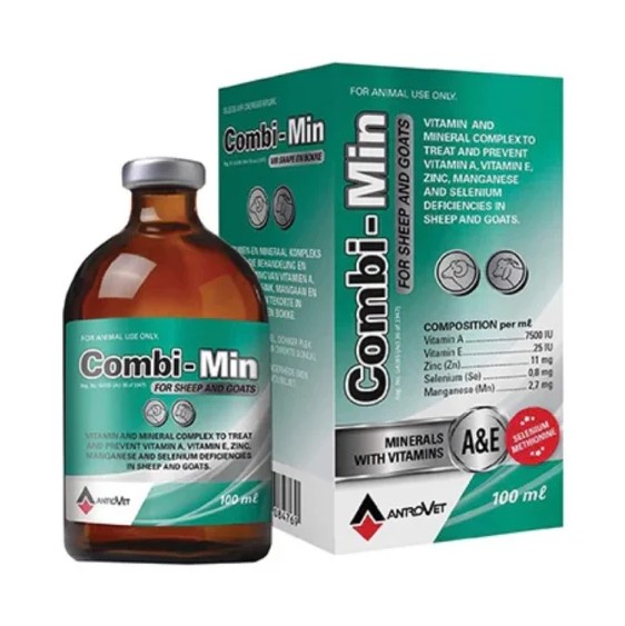 Vitamin and mineral complex to treat and prevent vitamin A, vitamin E, zinc, manganese and selenium deficiencies in sheep and goats.