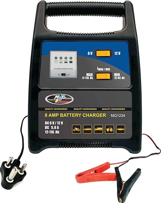 8-amp charger supports both 6V and 12V batteries, housed in durable, protective plastic.