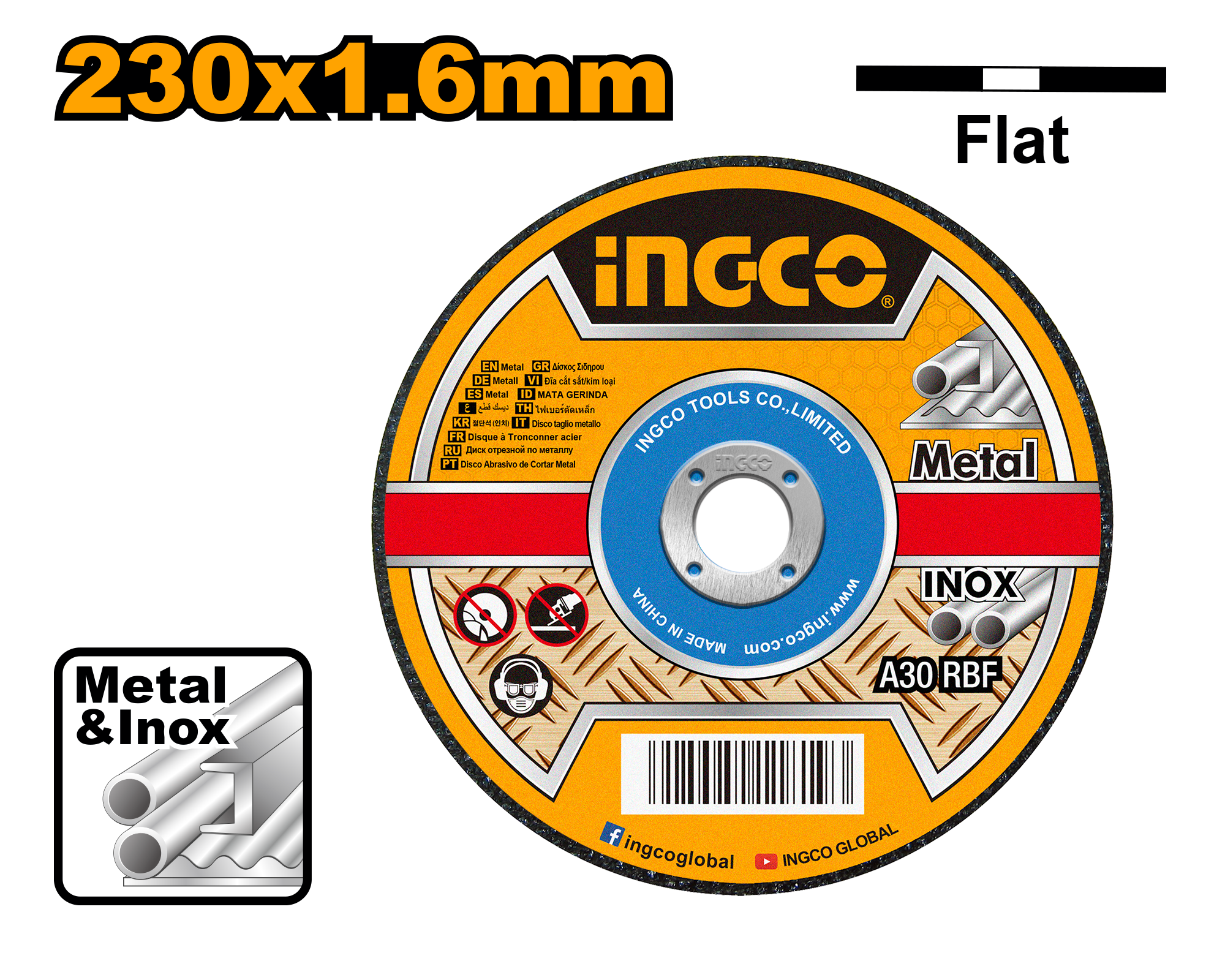 230 mm (9") x 1.6 mm (1/16") x 22.2 mm (7/8") flat centre cutting disc for metal and inox. Packed by label.