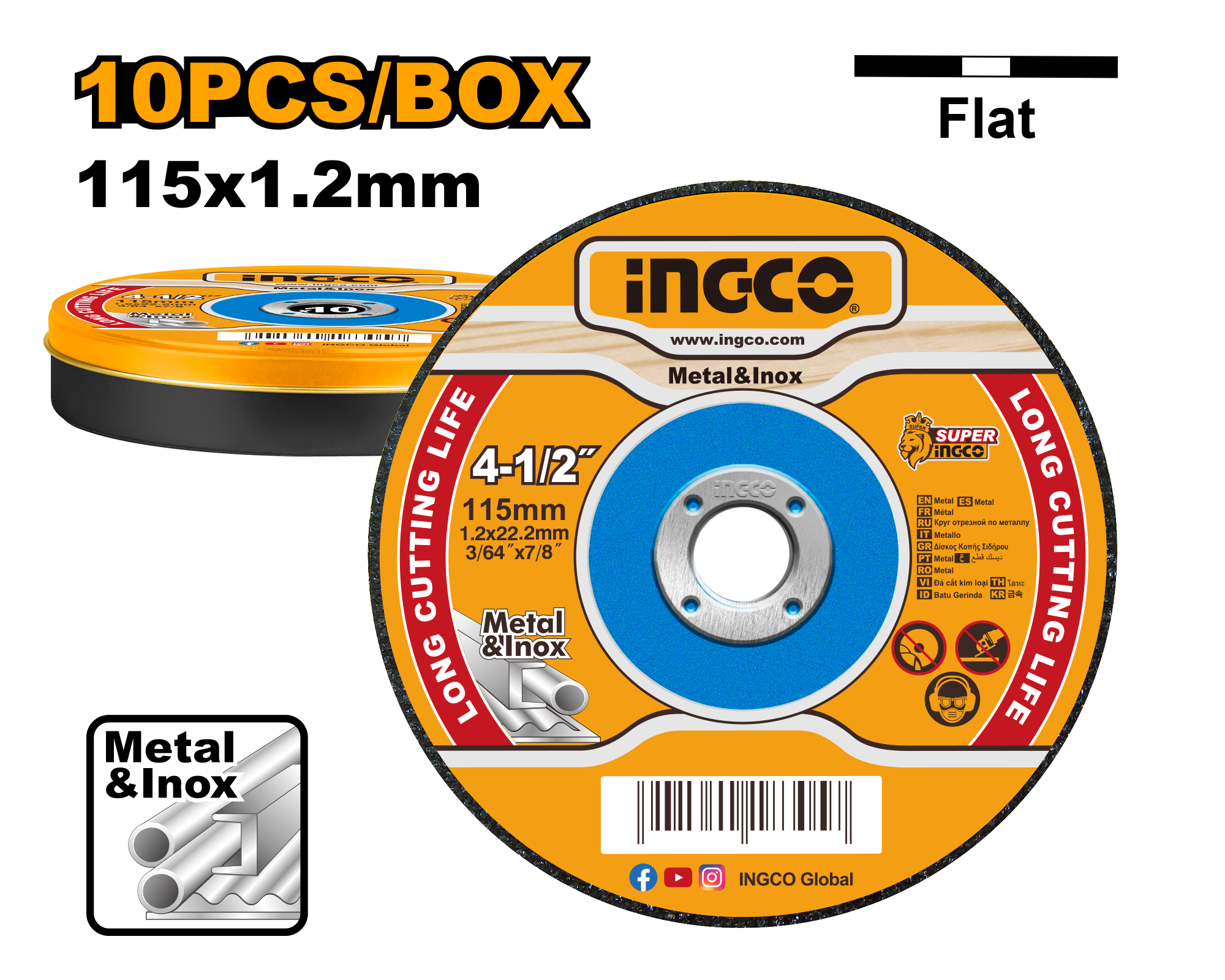 10 pieces/set 10 pieces/shrink 115 mm (4 - 1/2") x 1.2 mm (3/64") x 22.2 mm (7/8") Flat centre. Cutting disc for metal and INOX. Packed by metal box.