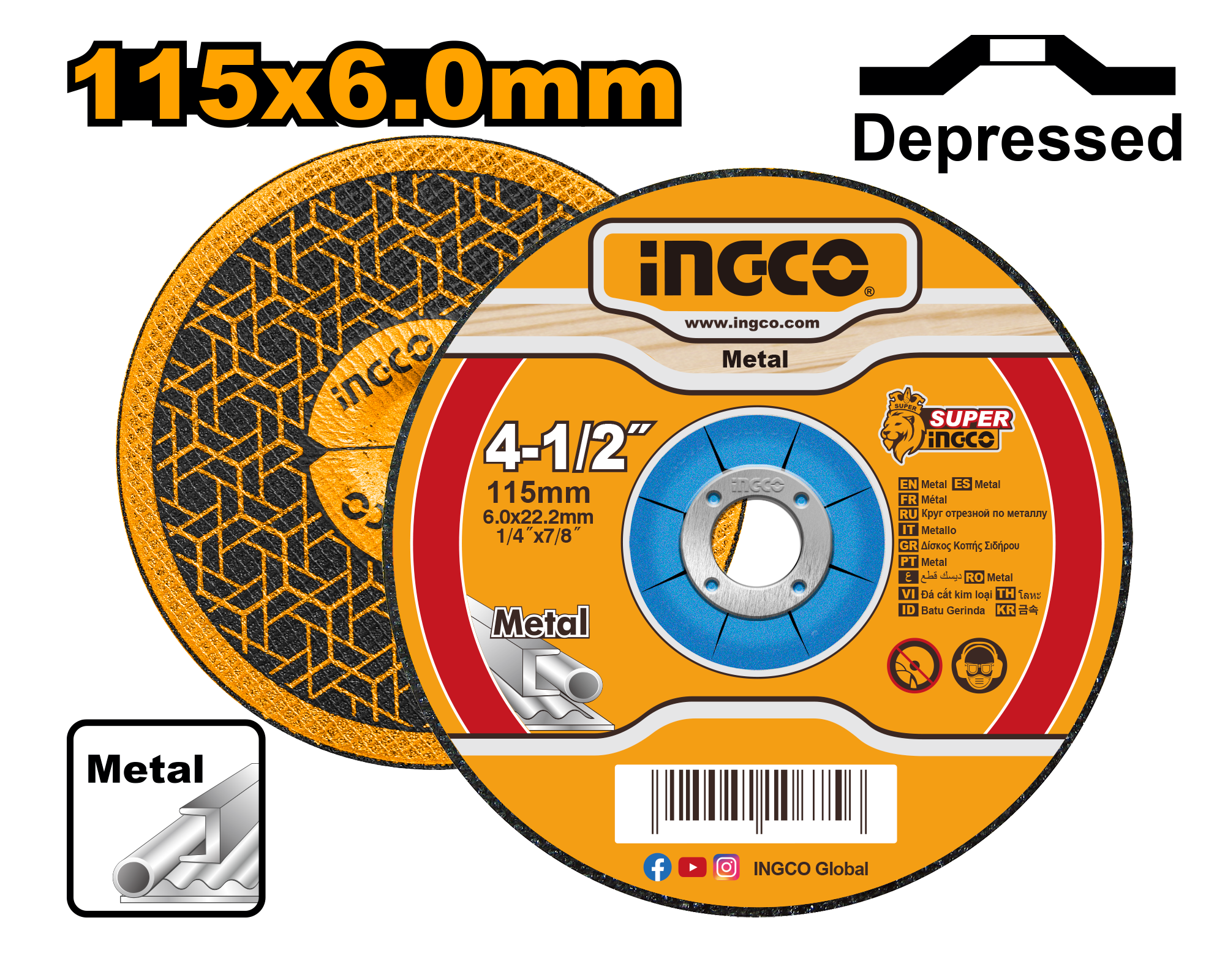 115 mm (4 - 1/2") x 6.0 mm (1/4") x 22.2 mm (7/8") Depressed centre. Grinding disc for metal. Packed by label.