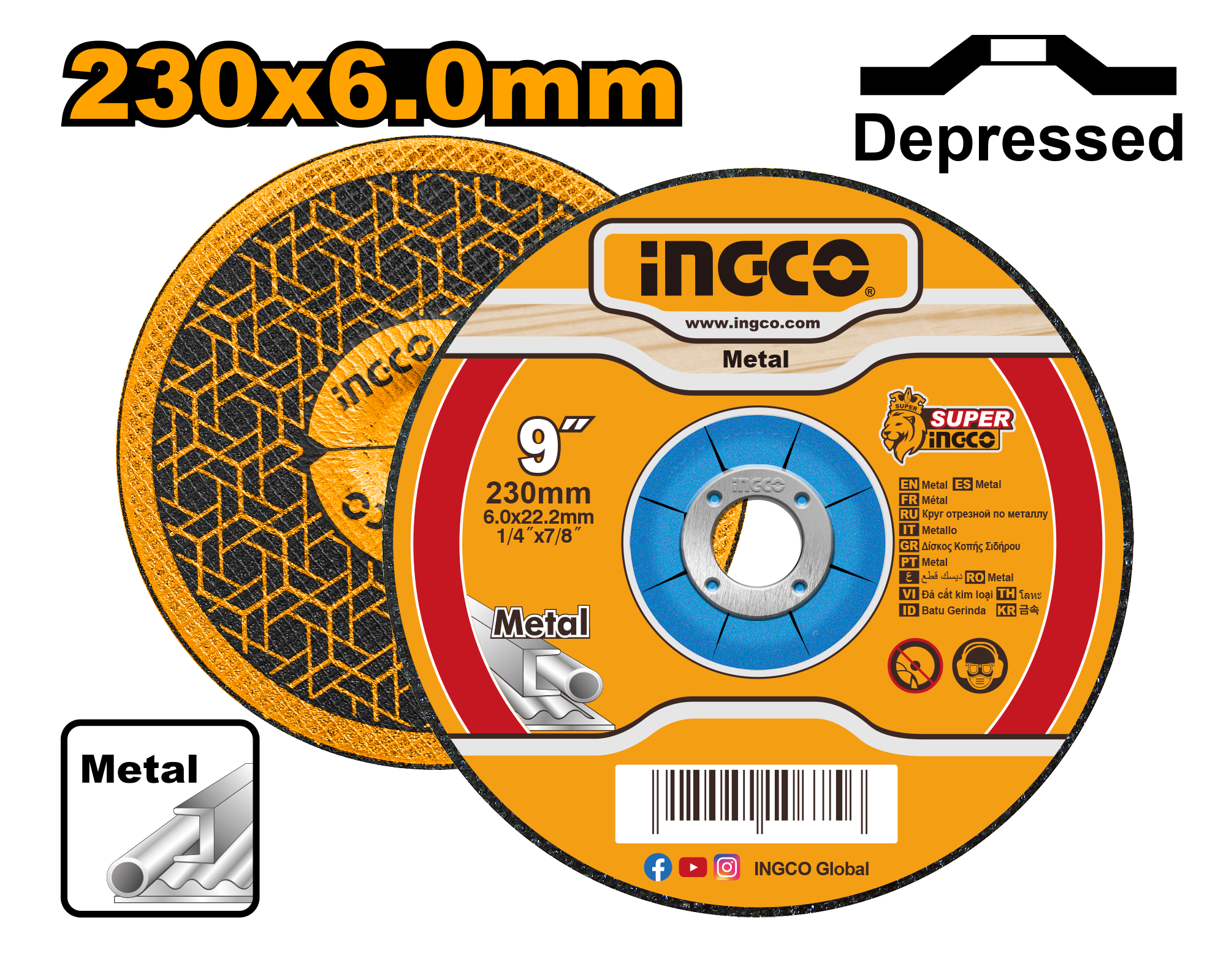 230 mm (9") x 6.0 mm (1/4") x 22.2 mm (7/8") depressed centre grinding disc for metal. Packed by label.