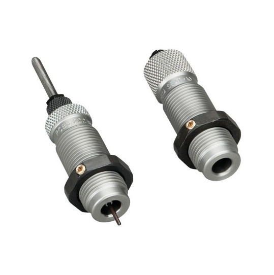 These two die-sets are intended for reloading bottleneck cases, and consist of a Full-Length Sizer Die with an Expander-Decapping Unit, and a Seater Die with Bullet Seater Plug. The Full-Length Sizer Die brings the case to SAAMI minimum cartridge dimensions. This die sizes the outside of the case, de-primes, and expands the neck to accept the bullet. The die has vents to prevent case damage caused by trapped air and excessive lubricant. Headspace is held to minimum tolerances to avoid changing the case body length during full-length sizing. The included Seater Die has a built-in roll crimper to secure the bullet at the same time as it�s seated