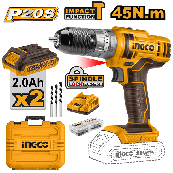 Lithium-Ion Impact Drill, Voltage: 20V No-load speed: 0-400/0-1 500 rpm, Max impact rate: 22 500 bpm, Max torque: 45Nm, Metal chuck, Chuck capacity: 0.8 - 10 mm, Torque settings: 18 + 1 + 1, Mechanical 2-speed gear, Spindle lock function, Auto-lock keyless chuck, Integrated work light, LED battery power indicator, Includes: 47 Pieces accessories, 3 Pieces masonry drill bits, 2 Pieces 2.0Ah battery pack (FBLI20011), 1 Piece charger (FCLI2001), Charge volts: 220-240V ~ 50/60Hz