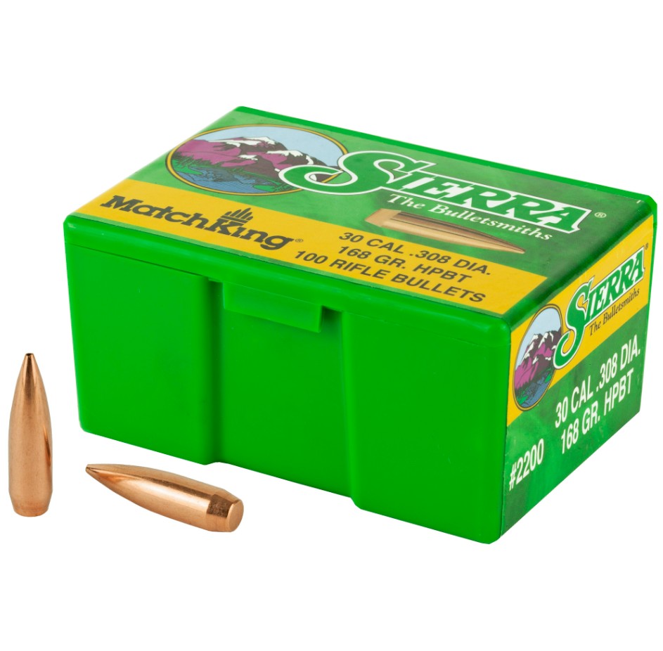 The Sierra MatchKing HPBT .30 caliber 168 grain bullets are precision-engineered reloading projectiles designed for accuracy and consistency in shooting applications. Featuring a hollow point boat tail (HPBT) design, these bullets are optimized for stable flight and reduced drag, making them a popular choice among target shooters and competitive marksmen. Manufactured by Sierra, the MatchKing line is well known for its high-quality construction, uniform weight distribution, and reliable performance, particularly in .308 caliber rifles.