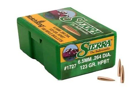 Reloading projectiles featuring Sierra MatchKing hollow point boat-tail bullets in 6.5mm caliber, weighing 123 grains, designed for precision shooting and consistent performance.