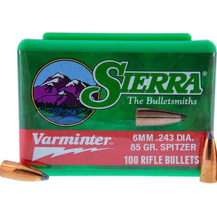 The Sierra 6mm (.243) 85-grain Varminter bullet is a spitzer-point design intended for high-velocity varmint and predator hunting, offering a flat trajectory and excellent accuracy. Built for rapid expansion, it delivers explosive terminal performance on small game while minimizing ricochet risk. This particular 85-grain version is typically a flat-base spitzer (SPT) rather than a boat-tail (SBT), despite occasional confusion in labeling. It performs well in cartridges such as the .243 Winchester and 6mm Remington, where it can achieve high velocities and consistent accuracy, especially with suitable powders and standard twist rates. While highly effective for pest control and small-bodied animals, its lighter construction makes it less suitable for larger game due to limited penetration.