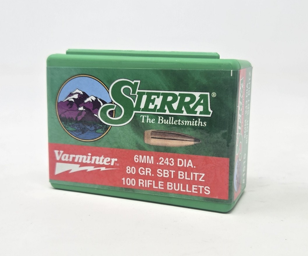 The Sierra 6mm (0.243) 80?grain SBT Varminter reloading bullets are designed for high accuracy and effective varmint hunting performance. Featuring a spitzer boat tail (SBT) profile, they offer improved aerodynamics for flatter trajectories and better stability in flight. These bullets are well suited for cartridges such as the .243 Winchester and similar 6mm calibers, delivering reliable expansion and consistent results on small game and pests, making them a popular choice among reloaders who value precision and dependable field performance.