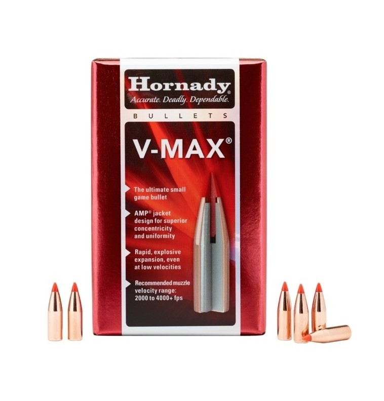 The Hornady� V-MAX� bullet is designed to deliver highly explosive terminal performance through an internal hollow cavity located between the polymer tip�s shaft and the bullet core. On impact, the rigid tip shaft rapidly builds energy before driving into the core, causing rapid expansion and violent fragmentation, even at relatively low impact velocities. Its sharp polymer tip and highly aerodynamic shape contribute to a high ballistic coefficient, reducing drag and producing flatter trajectories, while also increasing bearing surface for improved in-flight stability. The swaged lead core is precisely formed around the tip and internal cavity, ensuring uniform construction and consistent performance while enabling dramatic fragmentation when energy is released on impact. In addition, carefully engineered boattail and flatbase designs enhance aerodynamic efficiency and provide excellent stability in flight, supporting accuracy at extended ranges.