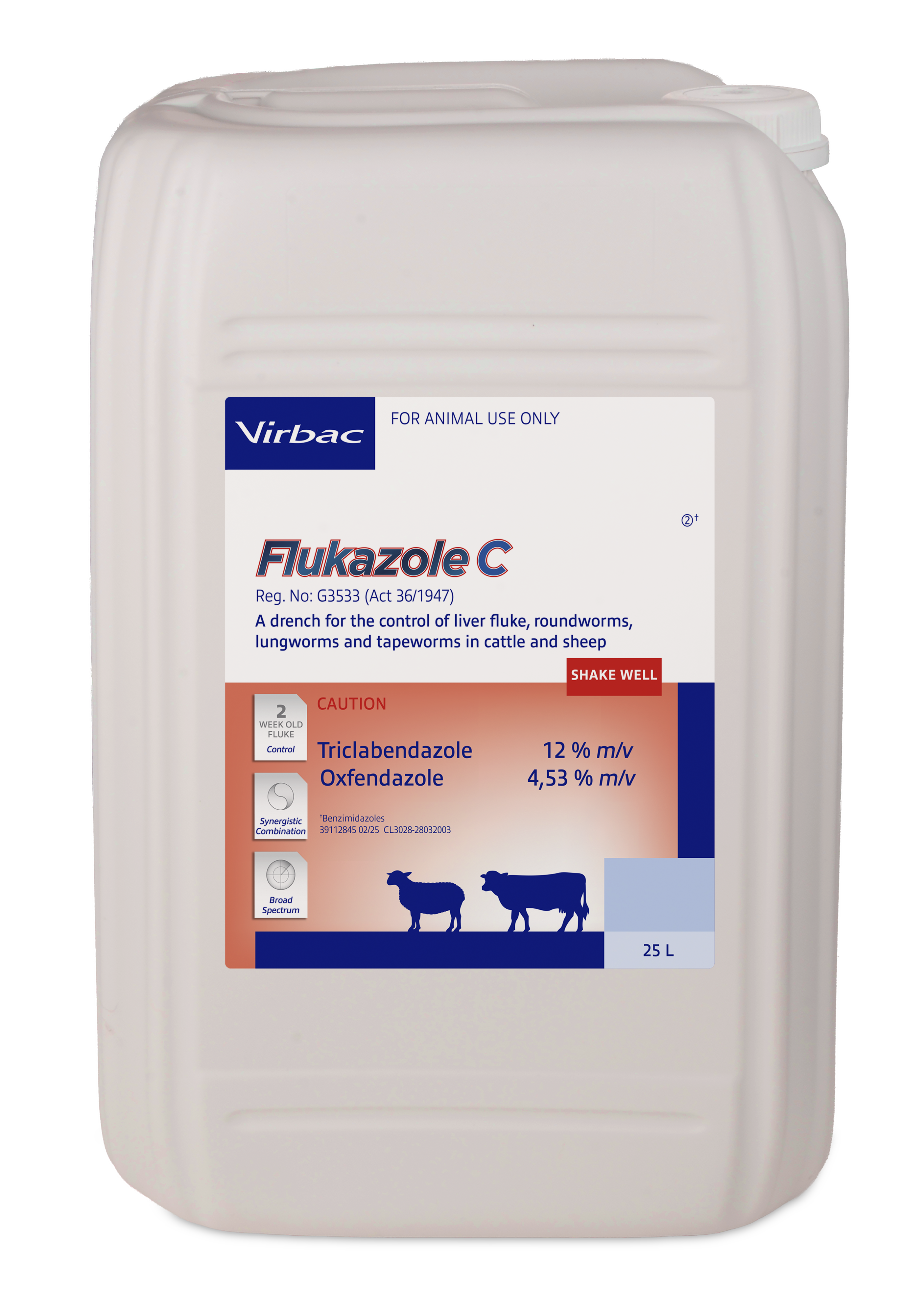 For the control of liver fluke, roundworms, lungworms and tapeworms in cattle and sheep. Flukazole C has a synergistic effect on early immature liver fluke, geared for optimal liver health. Flukazole C has a synergistic effect on early immature liver fluke, geared for optimal liver health. COMPOSITION : Triclabendazole 12% m/v, Oxfendazole 4,53% m/v. Ovicidal. Dosage: 1ml / 10kg body mass orally.