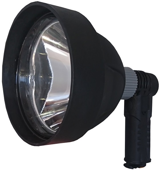 CREE 20W LED (Fitted to light) Up to 1800 Lumens LED Life: Over 50,000 hours Rechargeable - 3.7V 4Ah Lithium battery included Rechargeable - DC 12V Charger included Run Time: 5 hours Charging time: 6 hours Water resistant - IP65 ABS construction Single mode On/Off Electronic switch Beam Distance: up to 800m Overall diameter: 150mm Reflector size: 122mm Weight: 525g Draw-string storage bag included. Red Filter lens included.