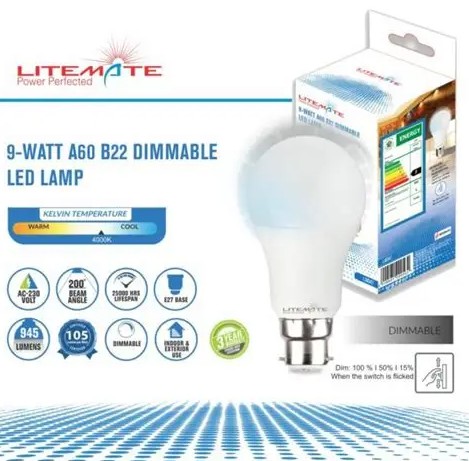 Litemate 9Watt A60 B22 Dimmable led