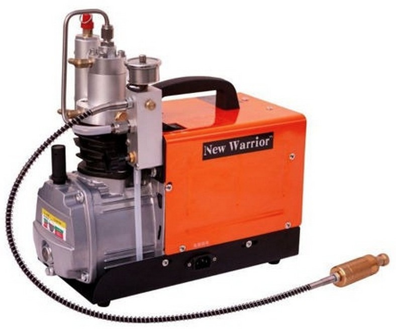 The compressor weighs approximately 18 kg and operates with a noise level of around 82 dB. It uses a water-cooled system that requires a user-supplied water tank for cooling and is built with a two-stage compression mode. The unit runs on a 220V / 50Hz power supply with a power rating of 1600W and includes temperature protection ranging from 176�F to 80�C to ensure safe operation. It has a charging rate of approximately 5 minutes to reach 300 bar for a 0.5-litre tank, making it suitable for efficient PCP air system filling.
