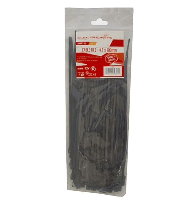 Electricmate Cable Ties Black 4.7Mm X 190Mm 100 Pack
