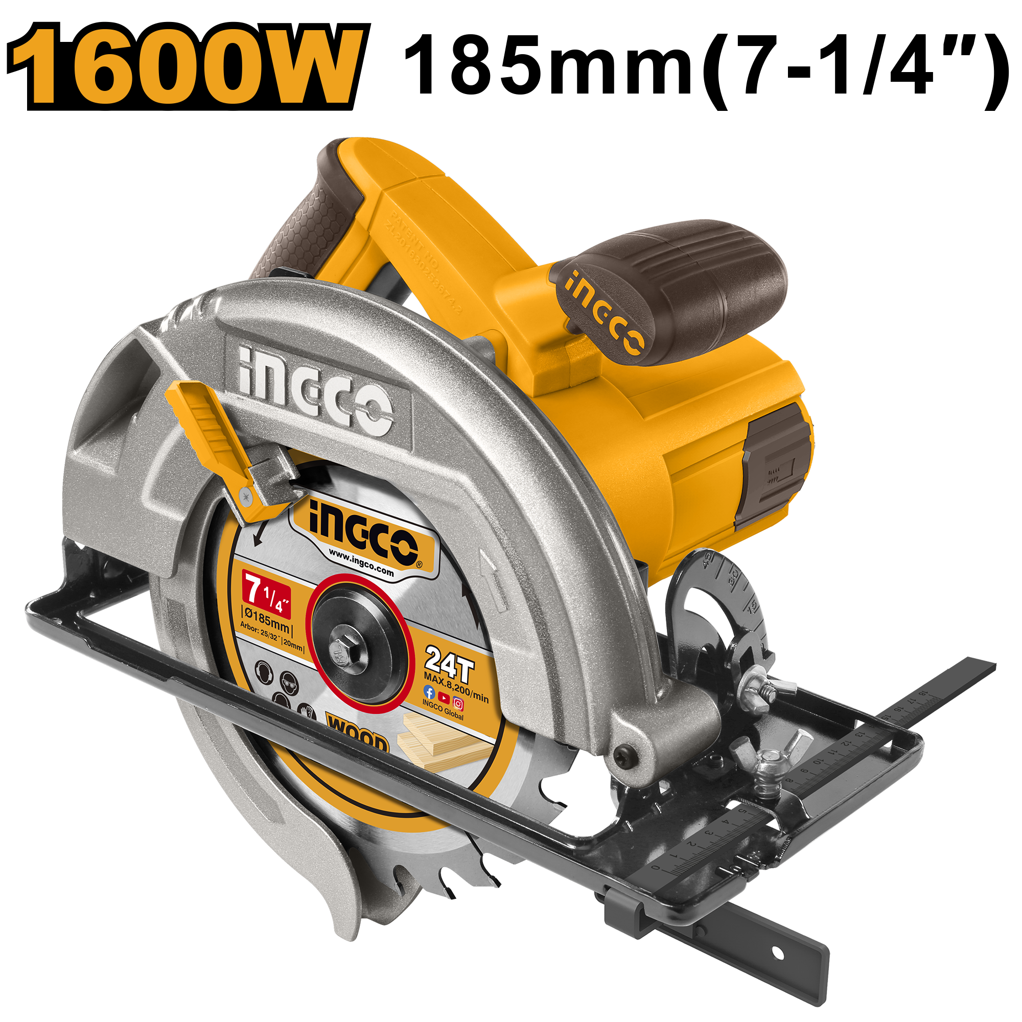 Voltage: 220 - 240V ~ 50/60Hz. Input power: 1 600W. No-load speed: 5 000 rpm. Blade diameter: 185 x 20 mm. Adjustable cutting depth. Adjustable bevel cutting. Cutting capacity: 45�: 45 mm; 90�: 65 mm. Includes: 1 x 185 mm blade and 1 set of extra carbon brushes. Packed by colour box.