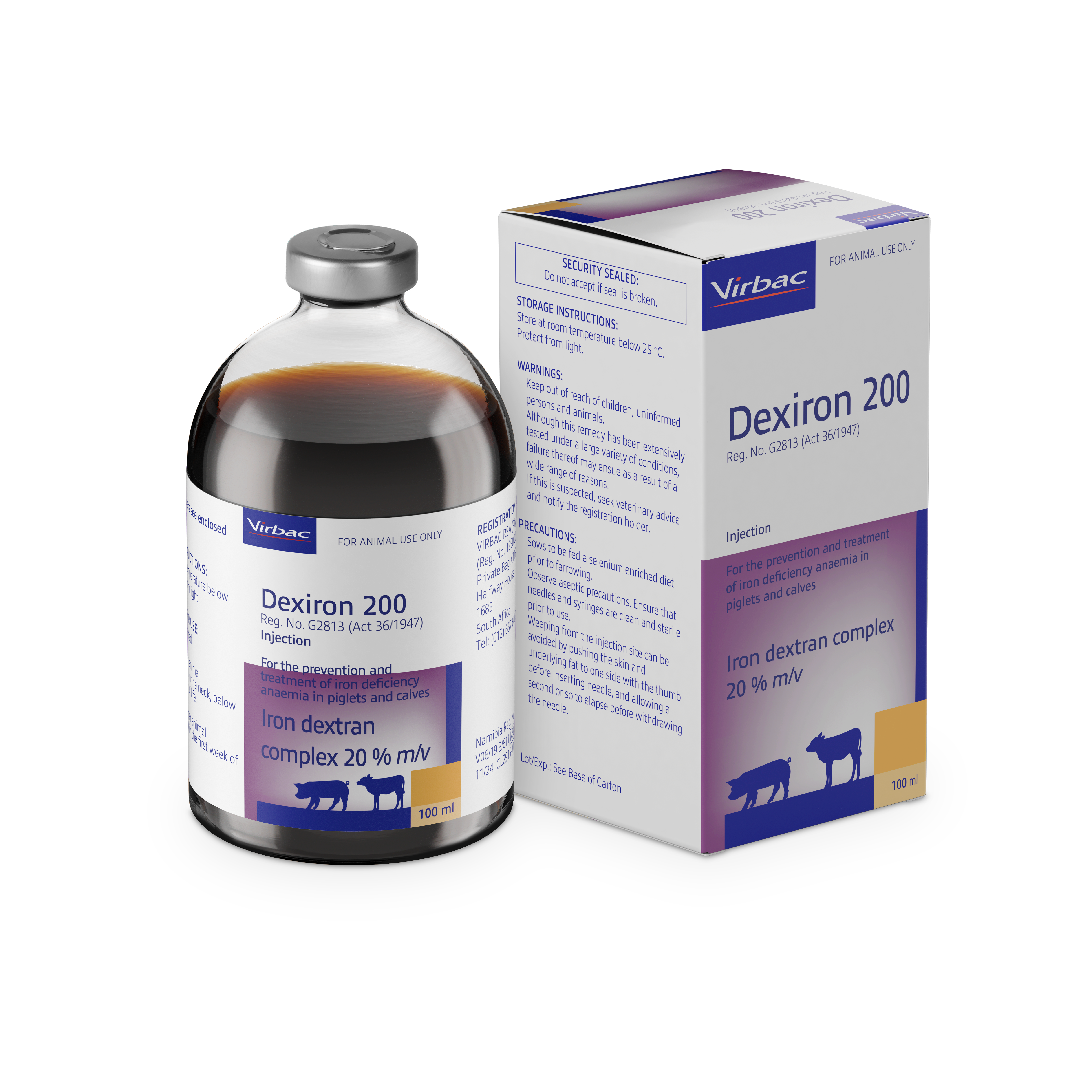 For the prevention and treatment of iron deficiency anaemia in piglets and calves. 1ml dosage. 1ml dosage. No withdrawal.