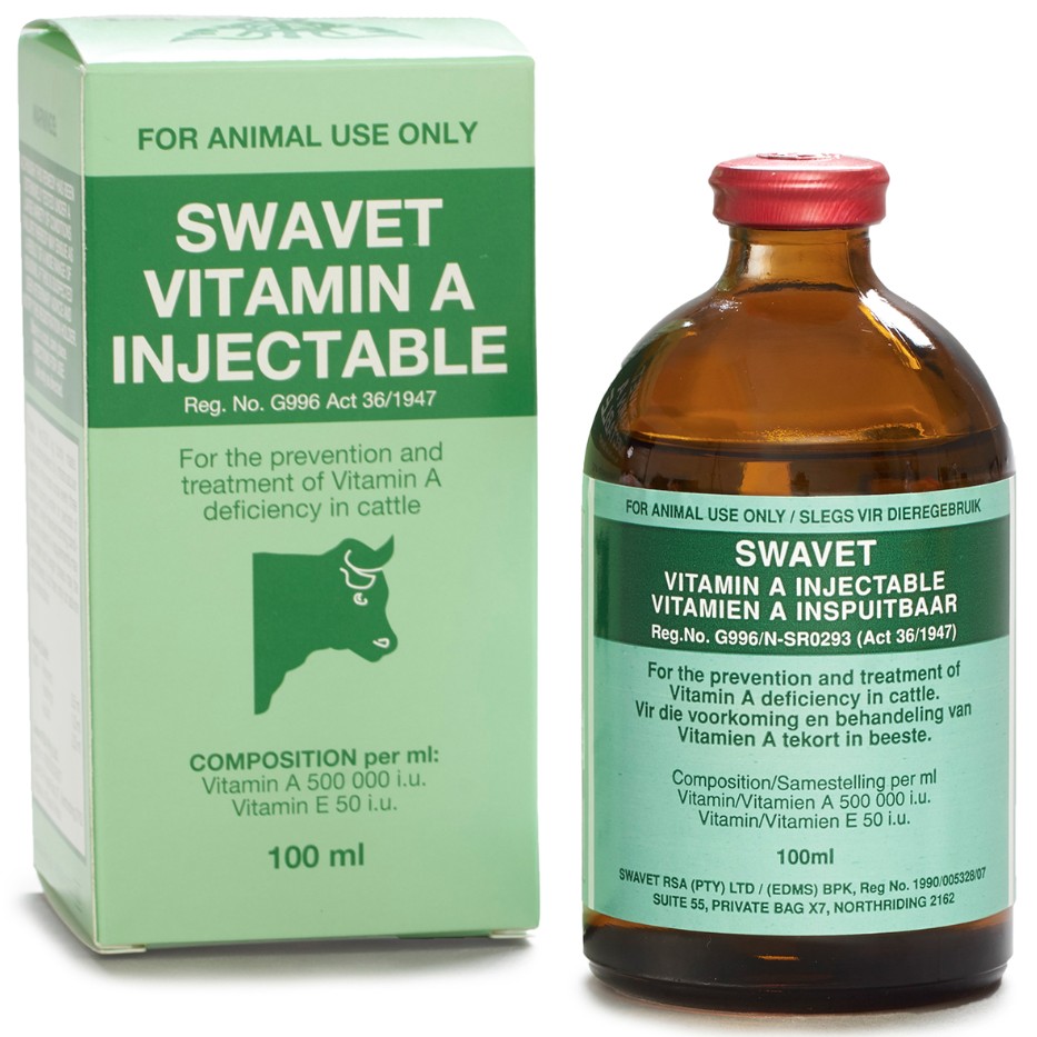 SWAVET Vitamin A is used for the prevention and treatment of vitamin A deficiency in cattle. It should be used strictly as directed, with a standard dosage of 1 mL per 250 kg body mass administered by intramuscular injection into the neck. The treatment is typically given once every three months during winter or periods of drought. In intensive farming systems, vitamin A requirements may be higher and larger doses may be required, but this should only be done under the guidance of a veterinarian.
