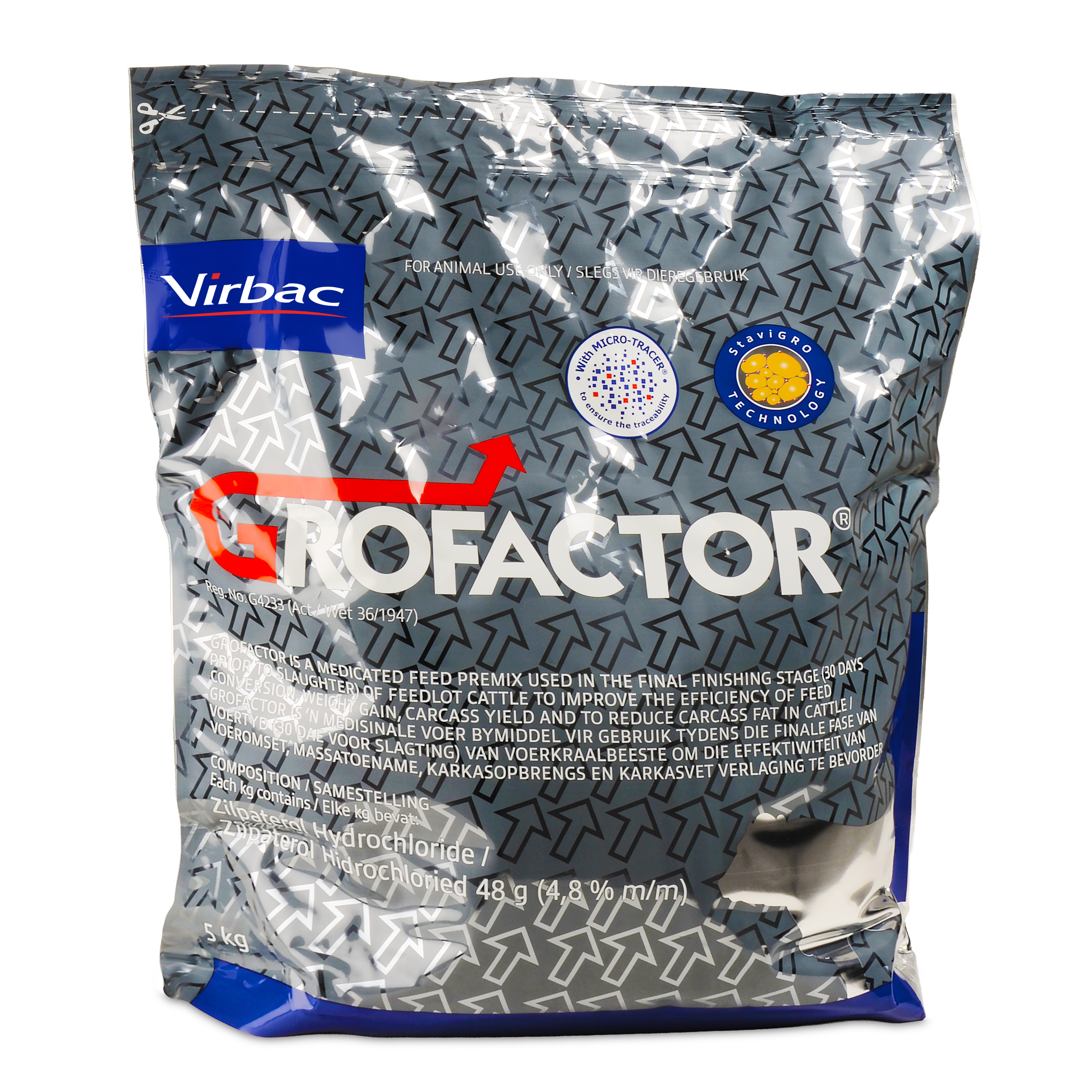 Is a medicated feed premix used in the final finishing stage (30 days prior to slaughter) of feedlot cattle to improve the efficiency of feed conversion, weight gain, carcass yield and to reduce carcass fat in cattle. Contains 48% Zilpaterol hydrochloride. Contains 48% Zilpaterol hydrochloride. Grofactor is nearly 100% bioavailable following oral ingestion and almost completely eliminated within 72 hours - 3 day withdrawal. Stavigro technology ensures ensures the stability and uniformity of ZH in Grofactor and ensures homogenous mixing into feed.