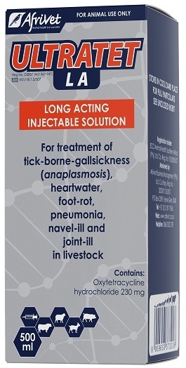 Ultratet L.A. is indicated for the treatment and control of conditions caused by, or associated with, oxytetracycline-susceptible organisms. Its long action is recommended where for veterinary, practical or economic reasons it is not possible or desirable to handle and treat the animal frequently. Cattle: For the treatment of tick-borne gall sickness (anaplasmosis), heartwater, foot rot, pneumonia, navel-illand joint-ill. Sheep and goats: For treatment of heartwater, foot rot, pneumonia, navel-ill and joint-ill. Pigs: For treatment of foot rot, pneumonia, navel-ill and joint-ill.