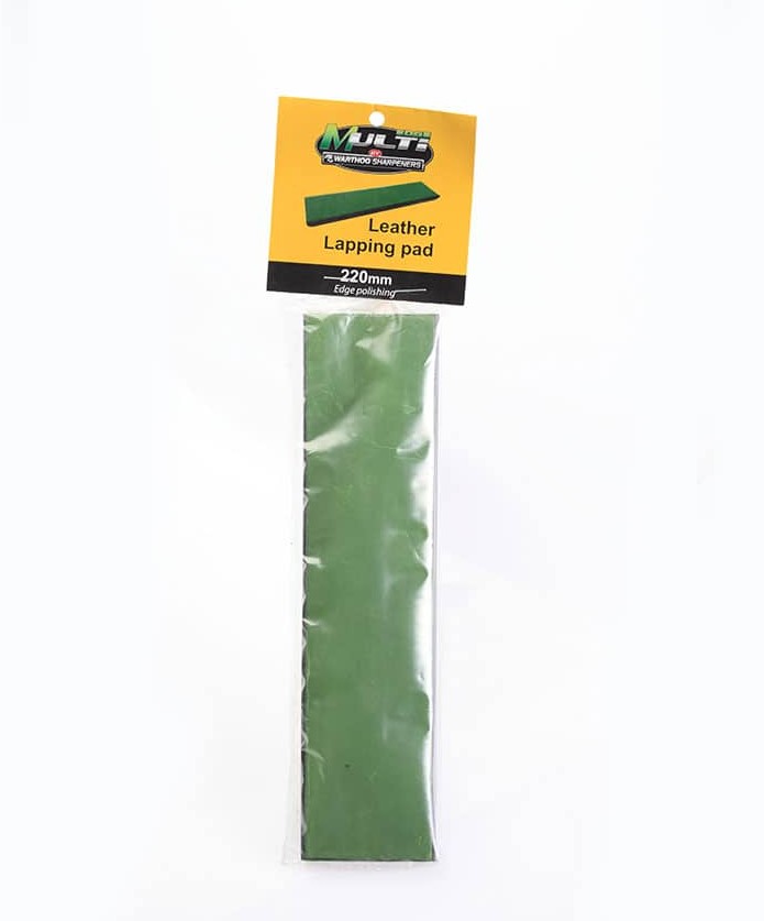 Leather with polishing compound to be used after sharpening for burr removal and polishing for the perfect edge.
