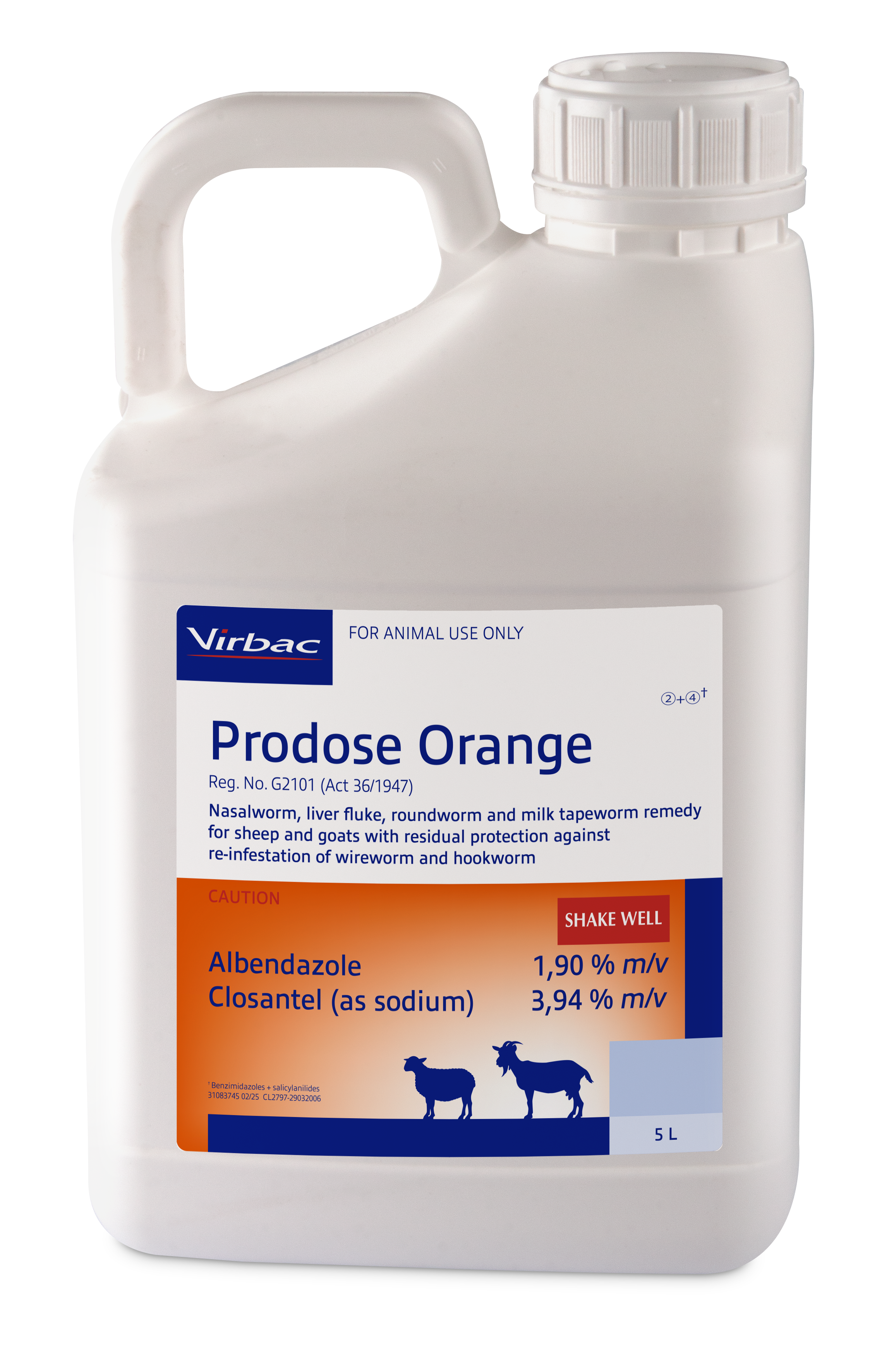 Nasal bot, liver fluke, roundworm and milk tapeworm remedy for sheep and goats with residual protection against re-infestation of wireworm and hookworm. COMPOSITION : Albendazole 1,90% m/v, Closantel (as sodium) 3,94% m/v. COMPOSITION : Albendazole 1,90% m/v, Closantel (as sodium) 3,94% m/v. Dosage: Roundworm, liver fluke and Milk tapeworm : 2ml per10 kg. 5 Weeks residual against wireworm and 2 weeks residual against hookworm. Ovicidal: Roundworm eggs present in the animal at the time of dosing are prevented from hatching.